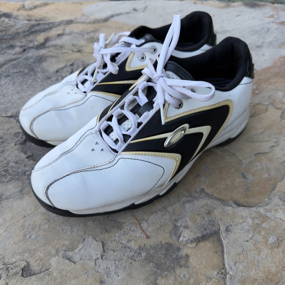 Oakley Ripcord Golf Shoes Mens 10 White Black Gold Cleated Athletic Spiked